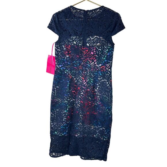 NWT Betsey Johnson Lace Overlay Floral Sheath Dress Navy Floral Women's Size 8 - Picture 13 of 13